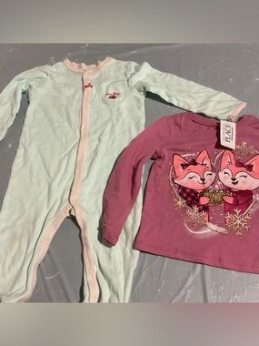 The Children's Place Pink Fox Graphic Long Sleeve Top with Mint Footed Onesie